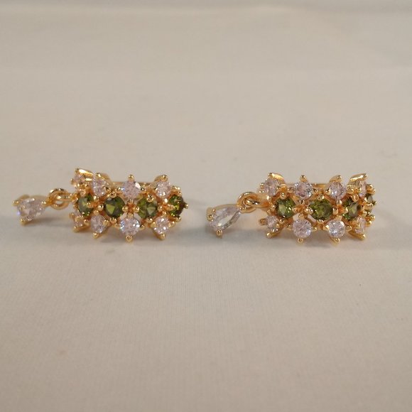 18K Yellow Gold Filled Olive Green Diamond Zircon Hoop Dangle Earrings - Picture 4 of 7